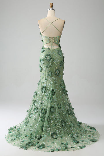 Vestido de fiesta de corsé verde con tirantes de espagueti de sirena con apliques